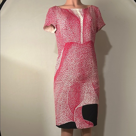 ESCADA orchid print silk sheath dress short Sleeve lined Size 36 (6) - Picture 3 of 15